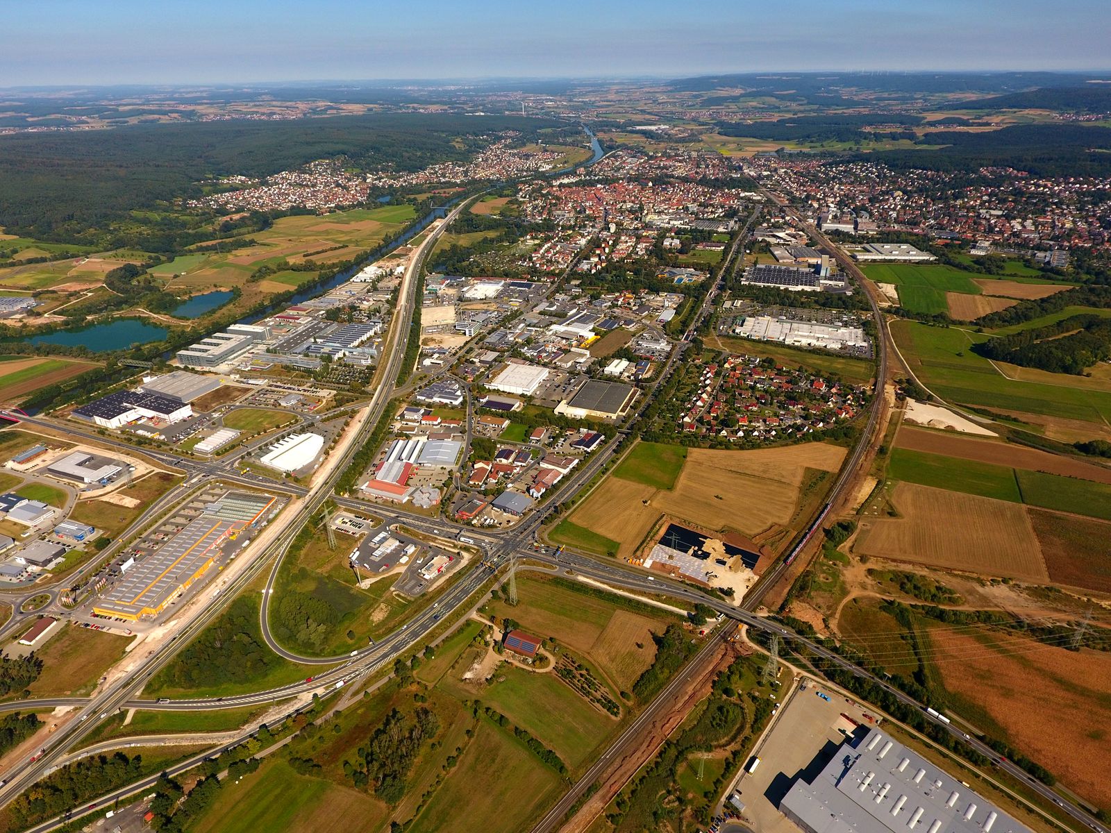 Railway line and the town of Forchheim from the air, taken for Stadtwerke Forchheim
